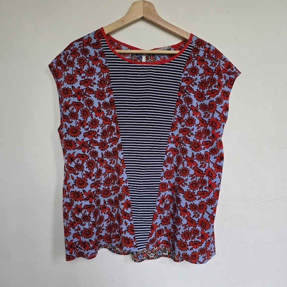 Dalia Mixed Print Hi-Low Blouse Navy Red Floral Striped - Picture 1 of 10